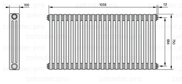 Схема (чертеж) Радиатор Zehnder Charleston 3075/23 №7610 Белый глянцевый RAL 9016